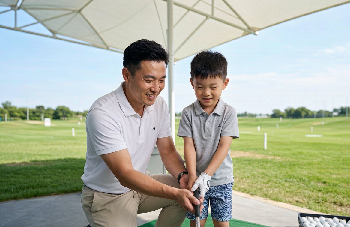 学院教练一对一指导小朋友挥杆